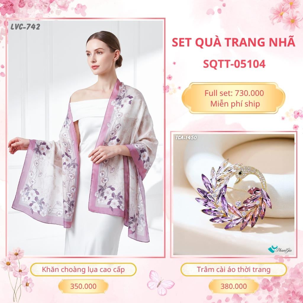 Set Quà Tặng Khăn Choàng Lụa 90*180cm Và Trâm Cài Áo Trang Nhã (SQTT05104)