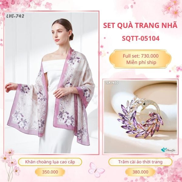 Set Quà Tặng Khăn Choàng Lụa 90*180cm Và Trâm Cài Áo Trang Nhã (SQTT05104)