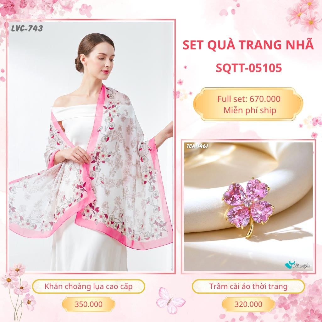 Set Quà Tặng Khăn Choàng Lụa 90*180cm Và Trâm Cài Áo Trang Nhã (SQTT05105)