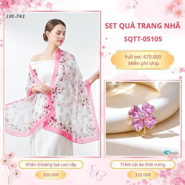 Set Quà Tặng Khăn Choàng Lụa 90*180cm Và Trâm Cài Áo Trang Nhã (SQTT05105)