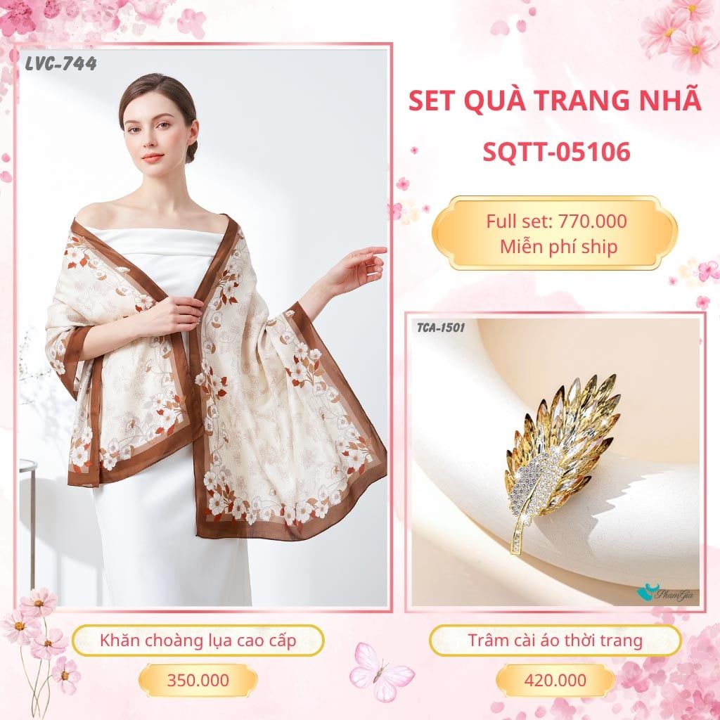 Set Quà Tặng Khăn Choàng Lụa 90*180cm Và Trâm Cài Áo Trang Nhã (SQTT05106)