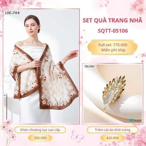 Set Quà Tặng Khăn Choàng Lụa 90*180cm Và Trâm Cài Áo Trang Nhã (SQTT05106)