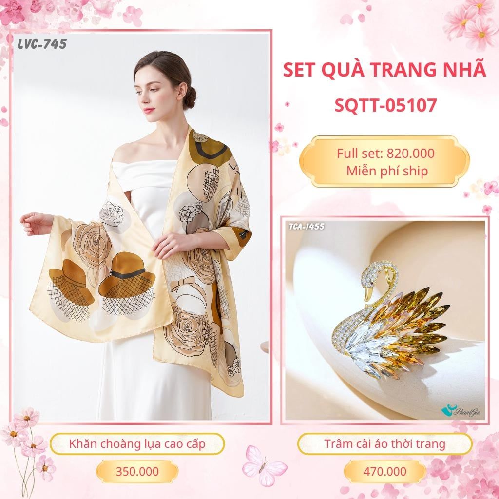 Set Quà Tặng Khăn Choàng Lụa 90*180cm Và Trâm Cài Áo Trang Nhã (SQTT05107)