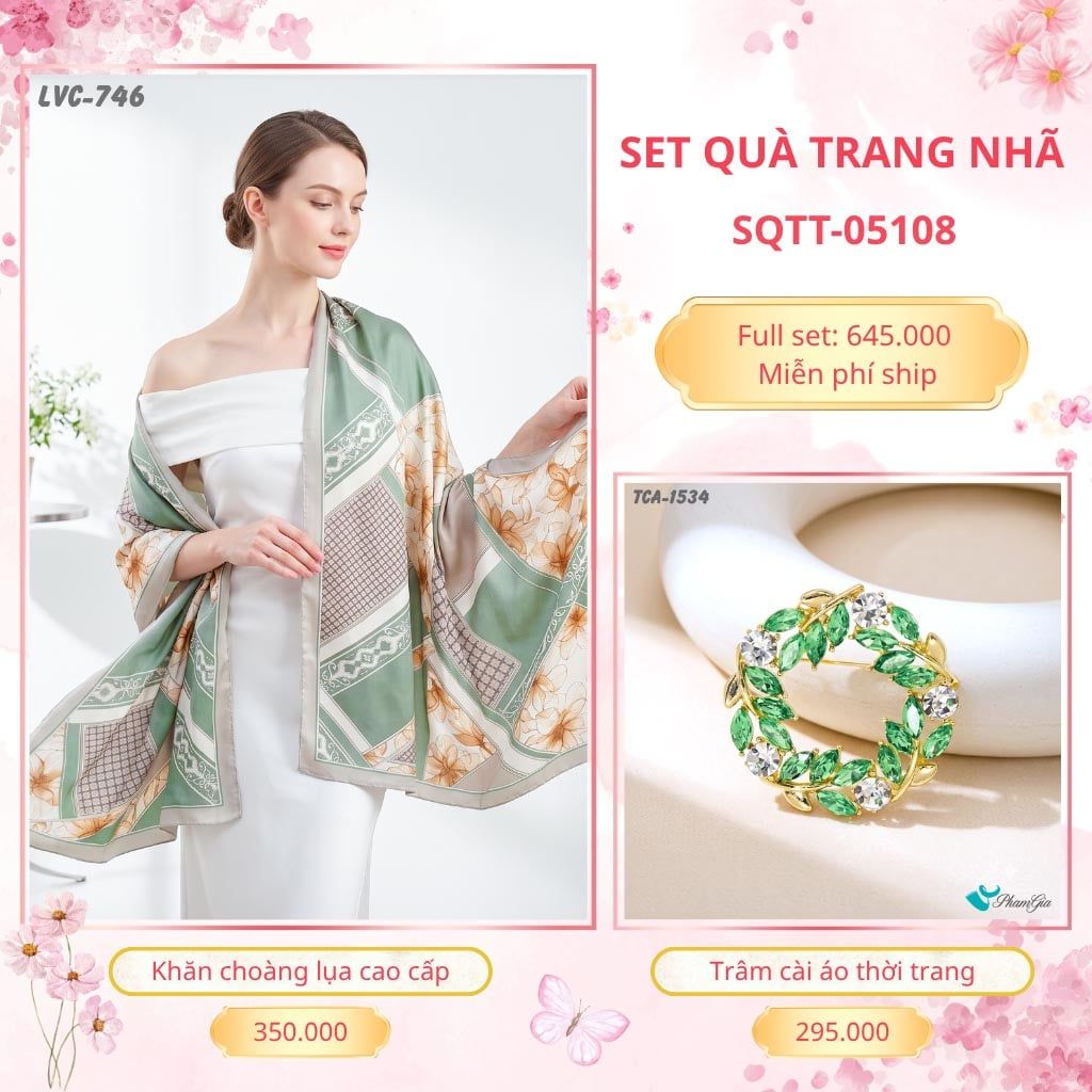 Set Quà Tặng Khăn Choàng Lụa 90*180cm Và Trâm Cài Áo Trang Nhã (SQTT05108)