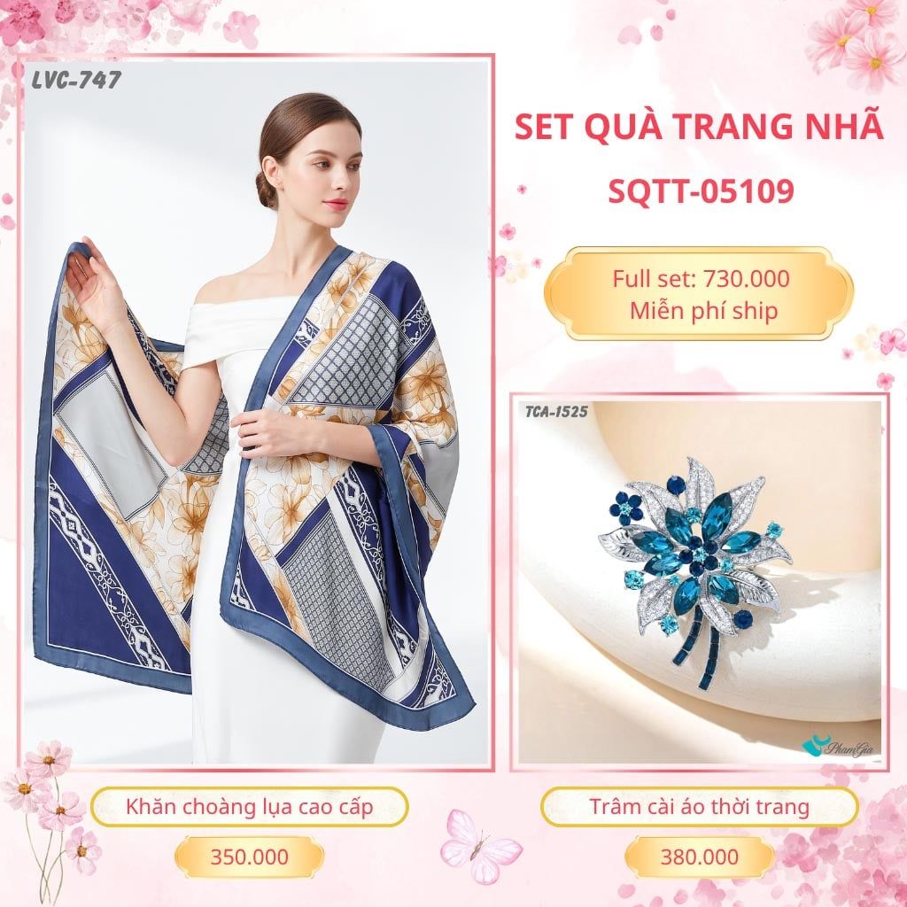 Set Quà Tặng Khăn Choàng Lụa 90*180cm Và Trâm Cài Áo Trang Nhã (SQTT05109)