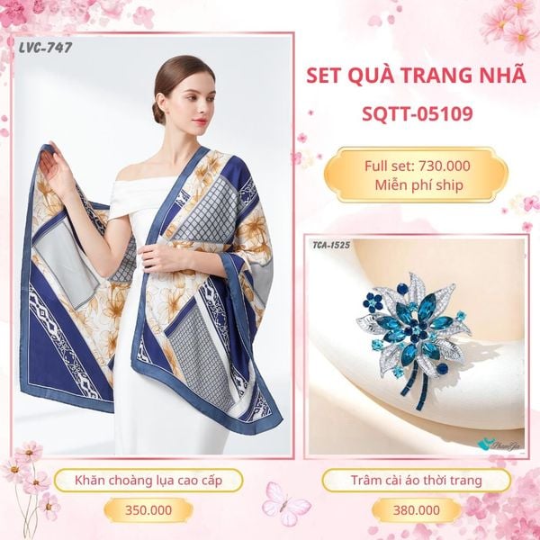 Set Quà Tặng Khăn Choàng Lụa 90*180cm Và Trâm Cài Áo Trang Nhã (SQTT05109)