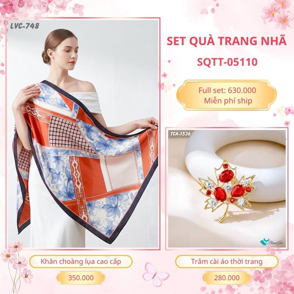 Set Quà Tặng Khăn Choàng Lụa 90*180cm Và Trâm Cài Áo Trang Nhã (SQTT05110)