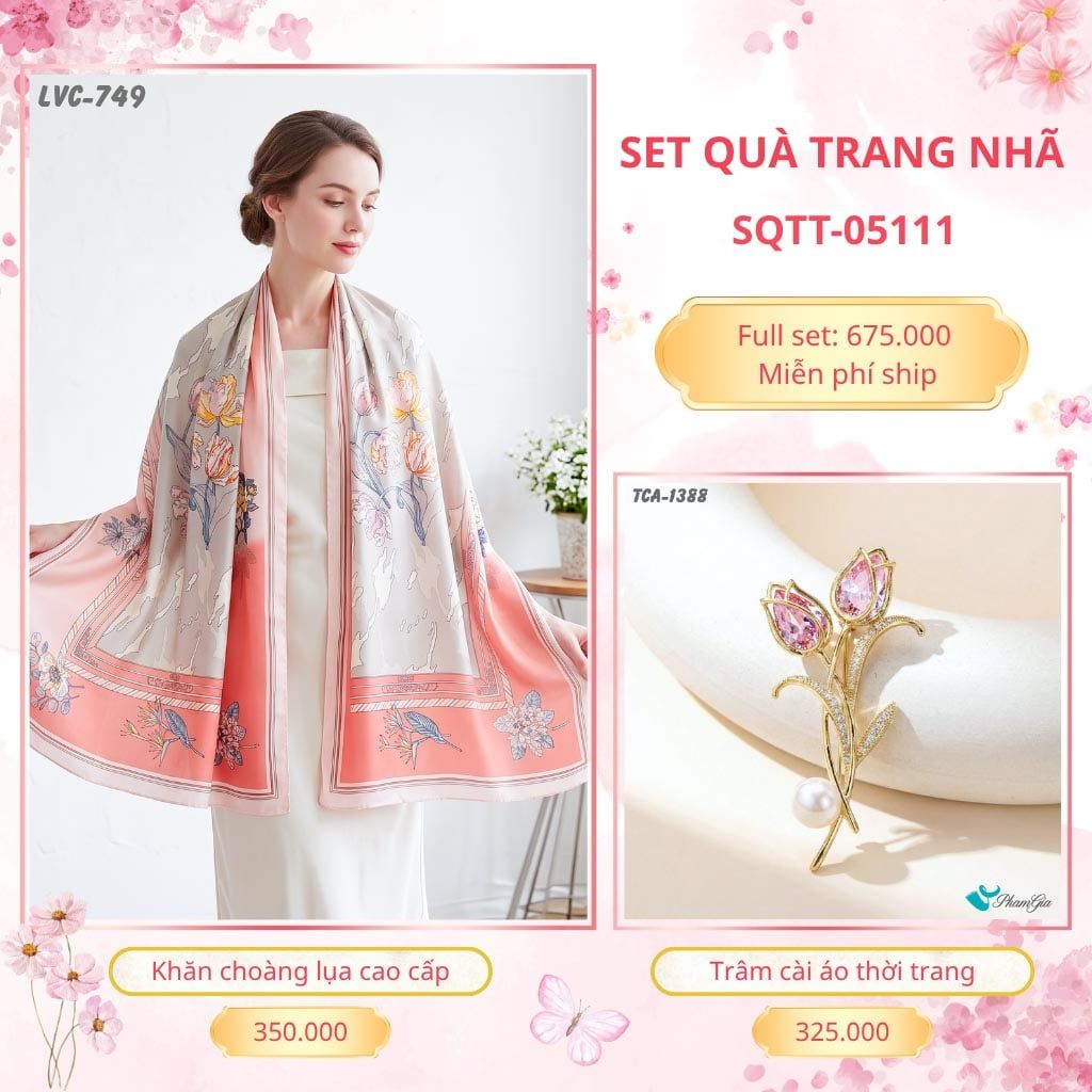 Set Quà Tặng Khăn Choàng Lụa 90*180cm Và Trâm Cài Áo Trang Nhã (SQTT05111)
