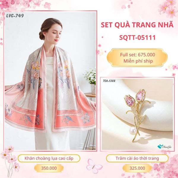 Set Quà Tặng Khăn Choàng Lụa 90*180cm Và Trâm Cài Áo Trang Nhã (SQTT05111)
