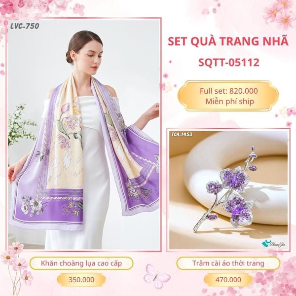 Set Quà Tặng Khăn Choàng Lụa 90*180cm Và Trâm Cài Áo Trang Nhã (SQTT05112)