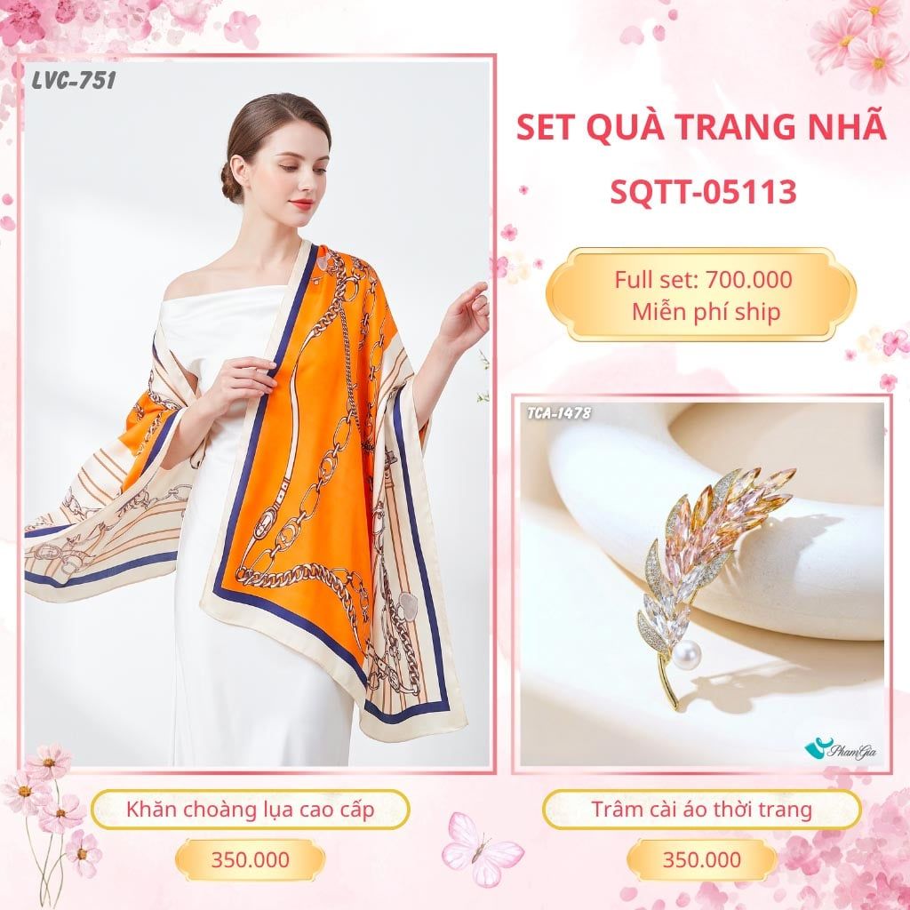 Set Quà Tặng Khăn Choàng Lụa 90*180cm Và Trâm Cài Áo Trang Nhã (SQTT05113)
