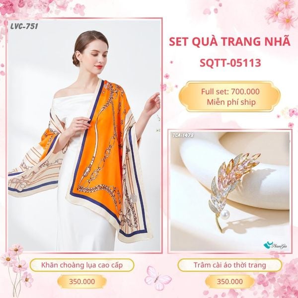 Set Quà Tặng Khăn Choàng Lụa 90*180cm Và Trâm Cài Áo Trang Nhã (SQTT05113)