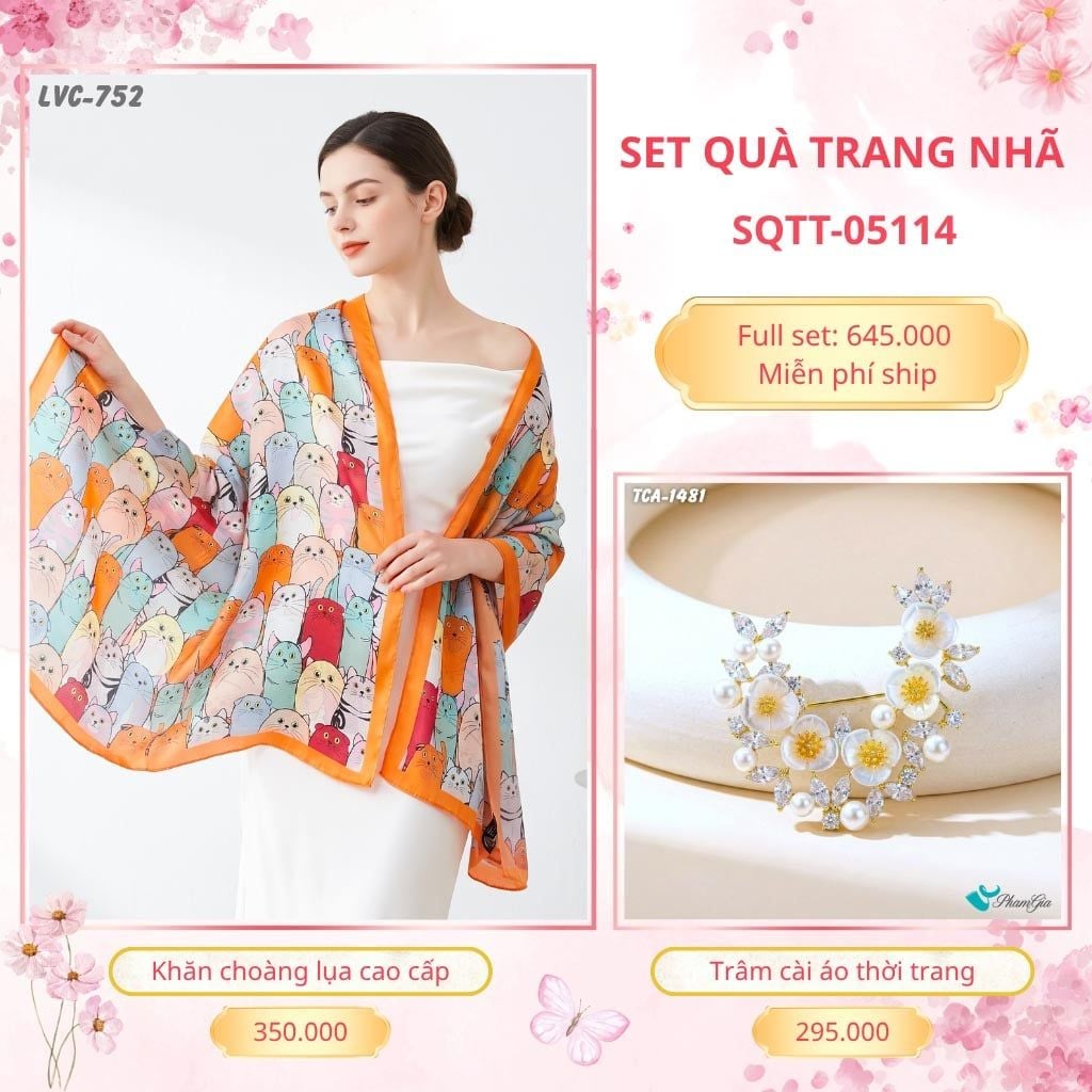 Set Quà Tặng Khăn Choàng Lụa 90*180cm Và Trâm Cài Áo Trang Nhã (SQTT05114)
