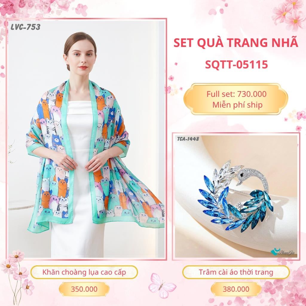 Set Quà Tặng Khăn Choàng Lụa 90*180cm Và Trâm Cài Áo Trang Nhã (SQTT05115)