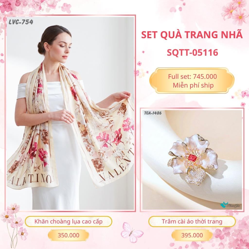 Set Quà Tặng Khăn Choàng Lụa 90*180cm Và Trâm Cài Áo Trang Nhã (SQTT05116)