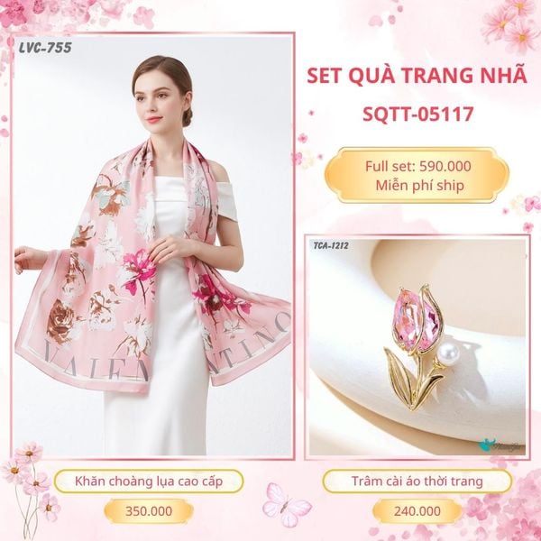 Set Quà Tặng Khăn Choàng Lụa 90*180cm Và Trâm Cài Áo Trang Nhã (SQTT05117)