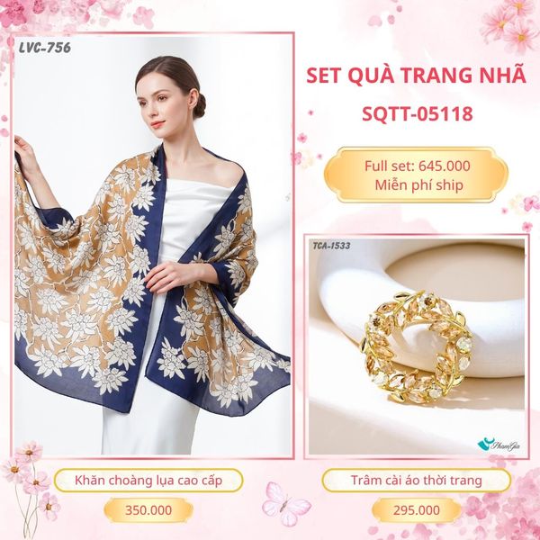 Set Quà Tặng Khăn Choàng Lụa 90*180cm Và Trâm Cài Áo Trang Nhã (SQTT05118)