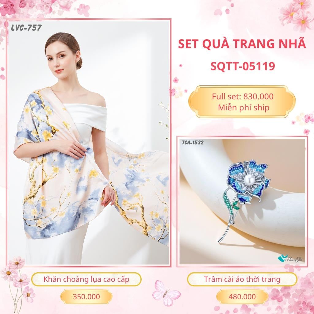 Set Quà Tặng Khăn Choàng Lụa 90*180cm Và Trâm Cài Áo Trang Nhã (SQTT05119)