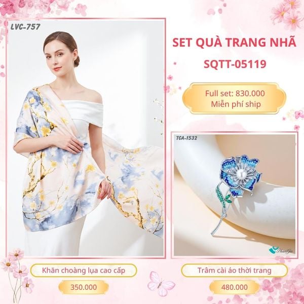 Set Quà Tặng Khăn Choàng Lụa 90*180cm Và Trâm Cài Áo Trang Nhã (SQTT05119)