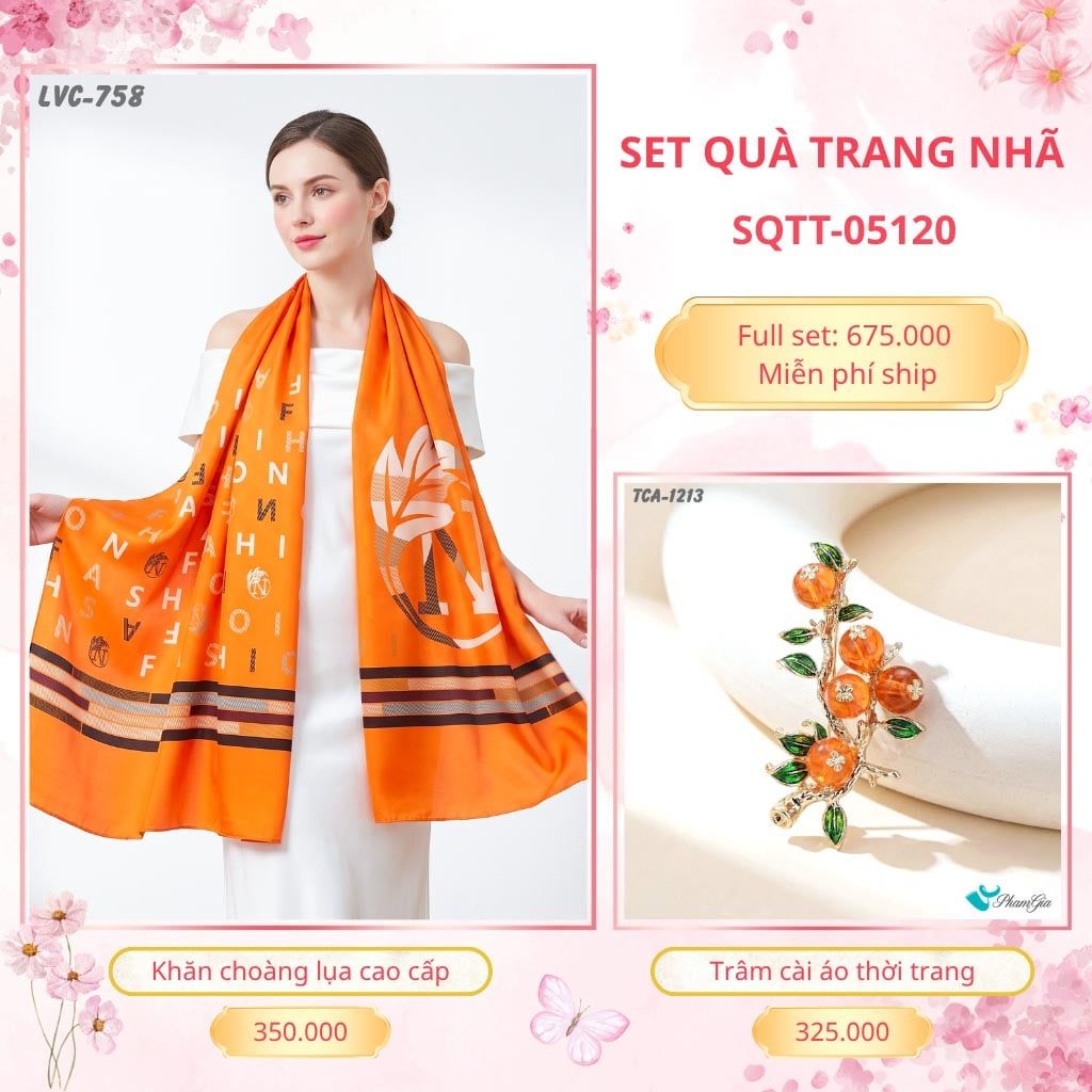 Set Quà Tặng Khăn Choàng Lụa 90*180cm Và Trâm Cài Áo Trang Nhã (SQTT05120)