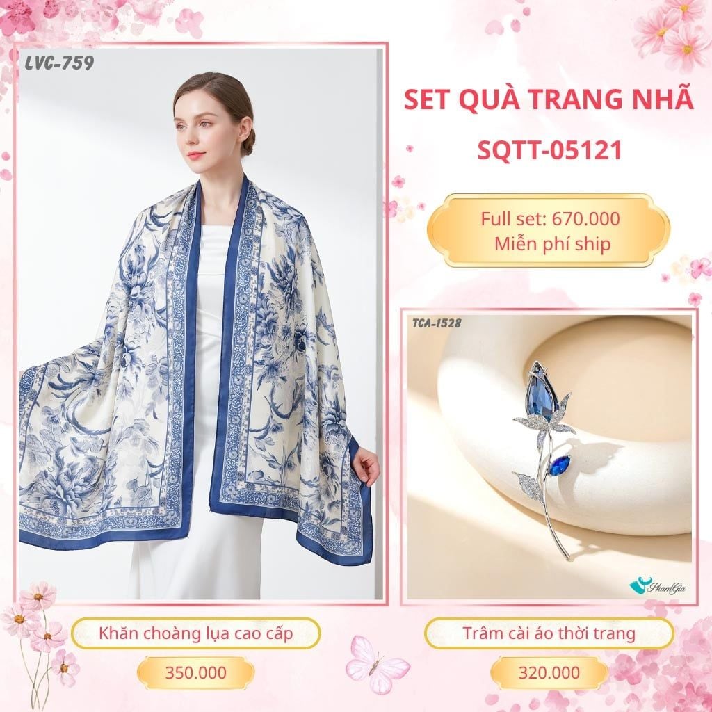 Set Quà Tặng Khăn Choàng Lụa 90*180cm Và Trâm Cài Áo Trang Nhã (SQTT05121)
