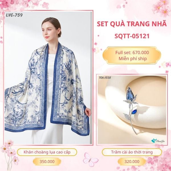 Set Quà Tặng Khăn Choàng Lụa 90*180cm Và Trâm Cài Áo Trang Nhã (SQTT05121)