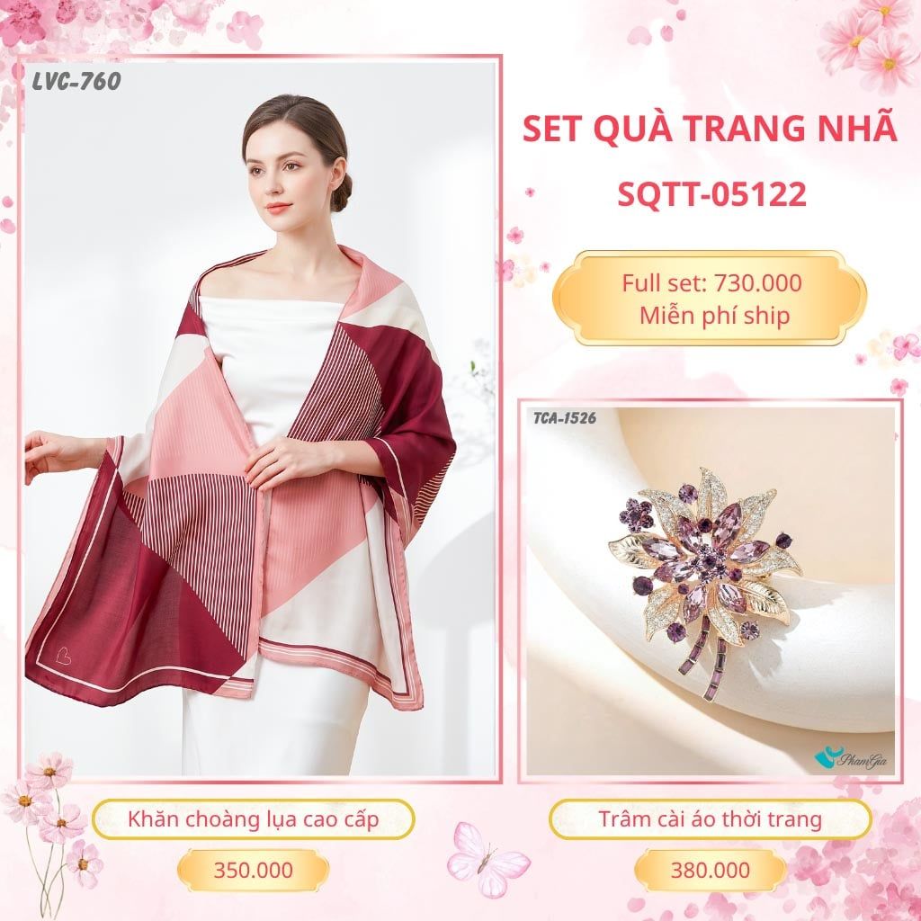 Set Quà Tặng Khăn Choàng Lụa 90*180cm Và Trâm Cài Áo Trang Nhã (SQTT05122)