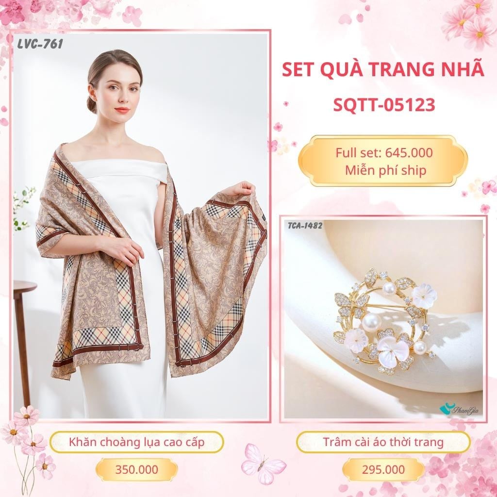 Set Quà Tặng Khăn Choàng Lụa 90*180cm Và Trâm Cài Áo Trang Nhã (SQTT05123)
