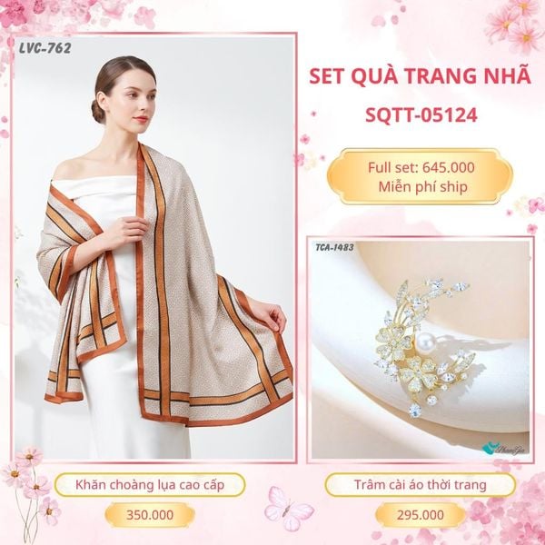Set Quà Tặng Khăn Choàng Lụa 90*180cm Và Trâm Cài Áo Trang Nhã (SQTT05124)