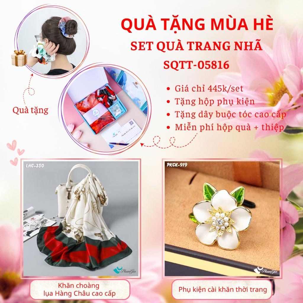 Quà Tặng Mùa Hè - Set Quà Tặng Khăn Lụa Và Phụ Kiện Cài Khăn Trang Nhã (SQTT05816)