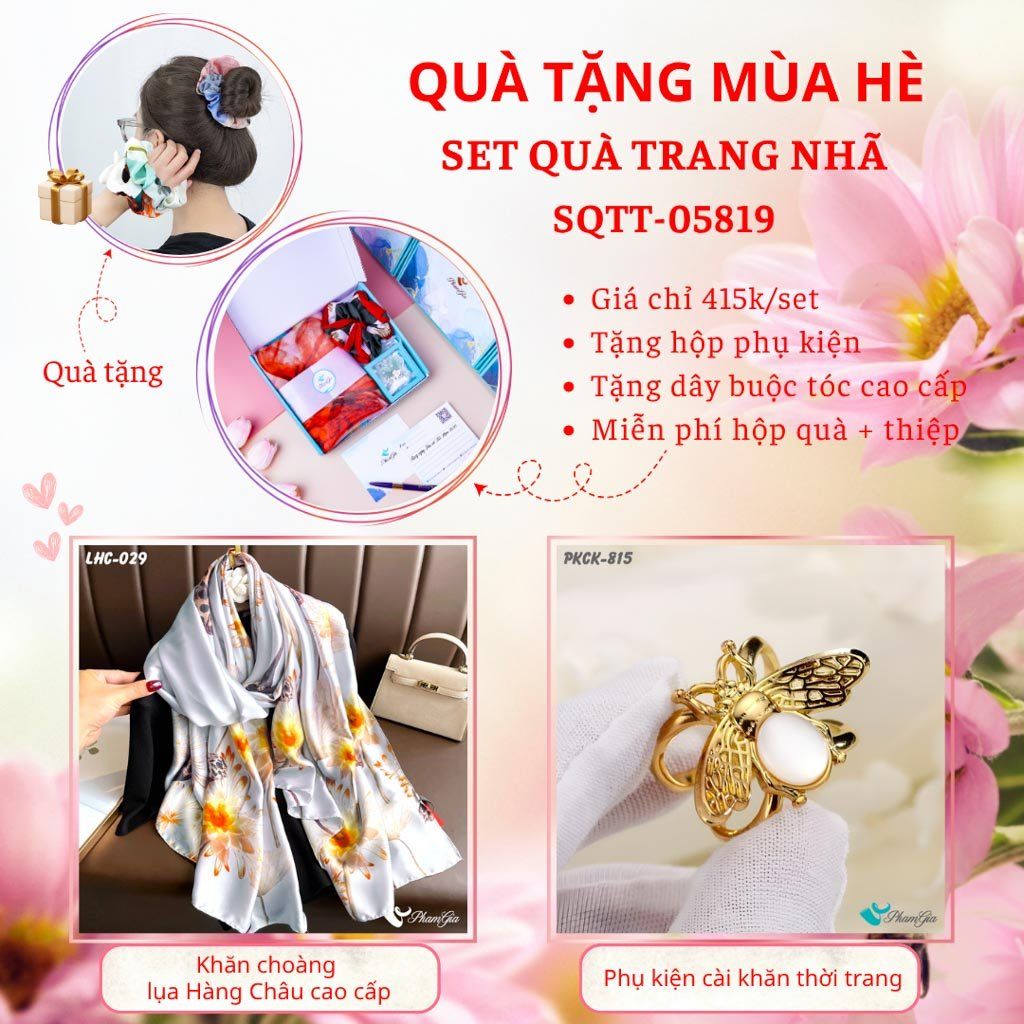 Quà Tặng Mùa Hè - Set Quà Tặng Khăn Lụa Và Phụ Kiện Cài Khăn Trang Nhã (SQTT05819)