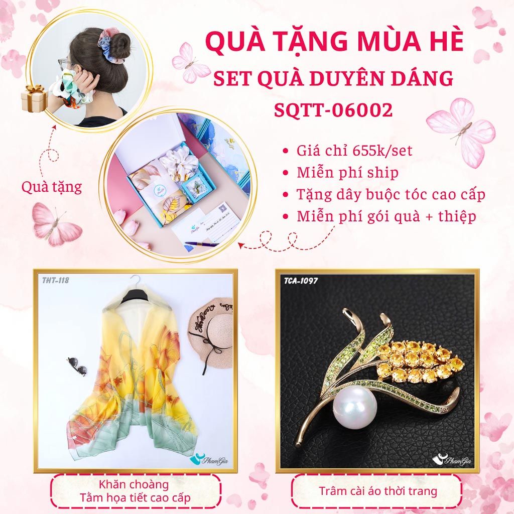 Quà Tặng Mùa Hè - Set Quà Tặng Khăn Choàng Tằm Họa Tiết Và Ghim Cài Áo Duyên Dáng (SQTT06002)