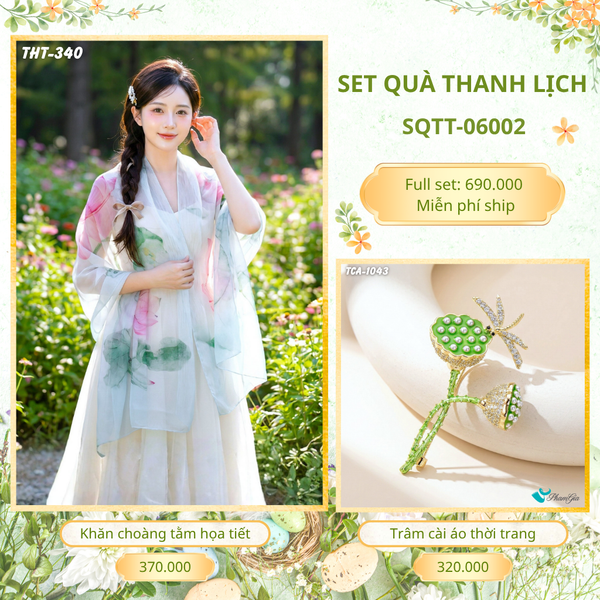 Set Quà Tặng Khăn Choàng Tằm Họa Tiết Và Trâm Cài Áo Thanh Lịch (SQTT06002)