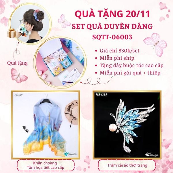 Set Quà Tặng Khăn Choàng Tằm Họa Tiết Và Ghim Cài Áo Duyên Dáng (SQTT06003)