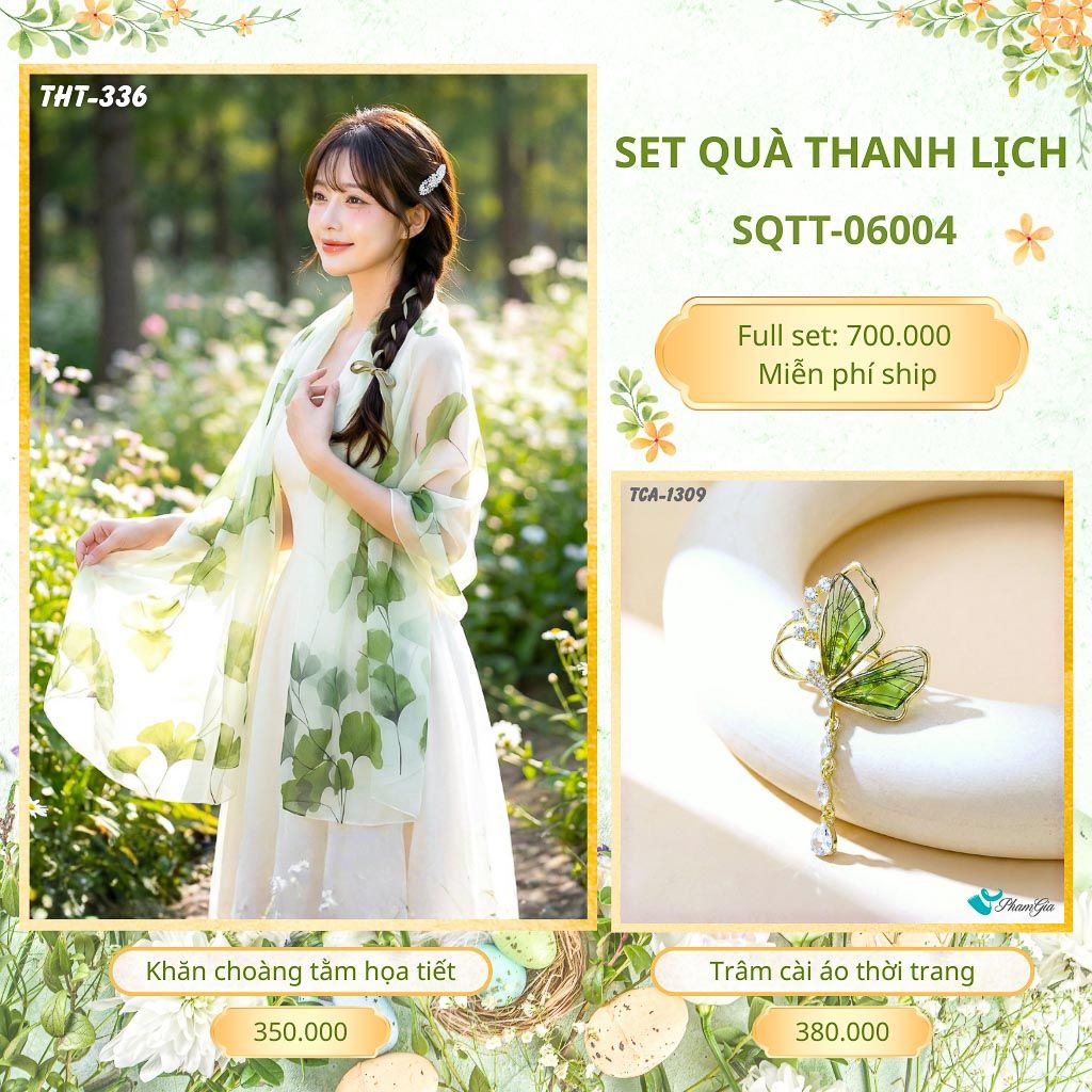Set Quà Tặng Khăn Choàng Tằm Họa Tiết Và Trâm Cài Áo Thanh Lịch (SQTT06004)
