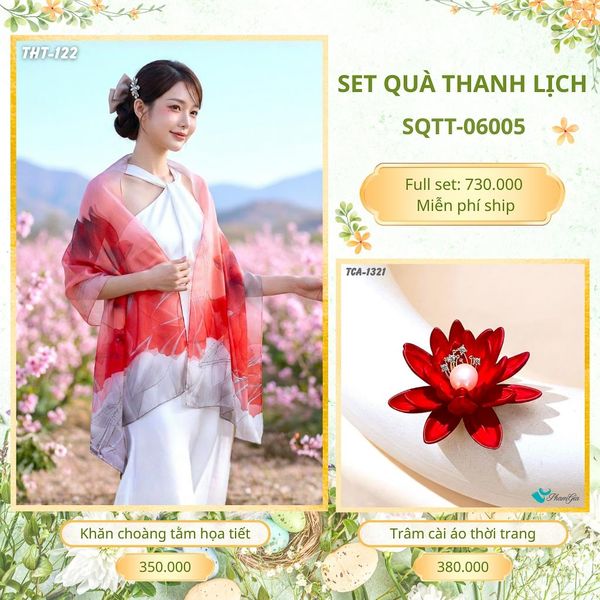 Set Quà Tặng Khăn Choàng Tằm Họa Tiết Và Trâm Cài Áo Thanh Lịch (SQTT06005)
