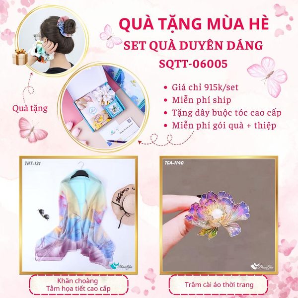 Quà Tặng Mùa Hè - Set Quà Tặng Khăn Choàng Tằm Họa Tiết Và Ghim Cài Áo Duyên Dáng (SQTT06005)