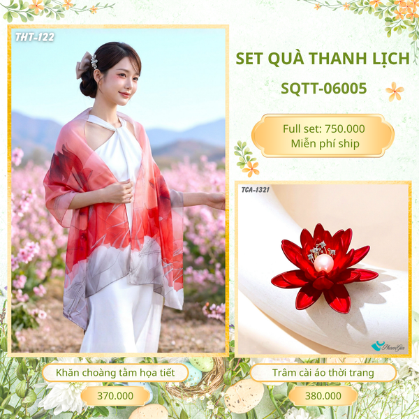 Set Quà Tặng Khăn Choàng Tằm Họa Tiết Và Trâm Cài Áo Thanh Lịch (SQTT06005)