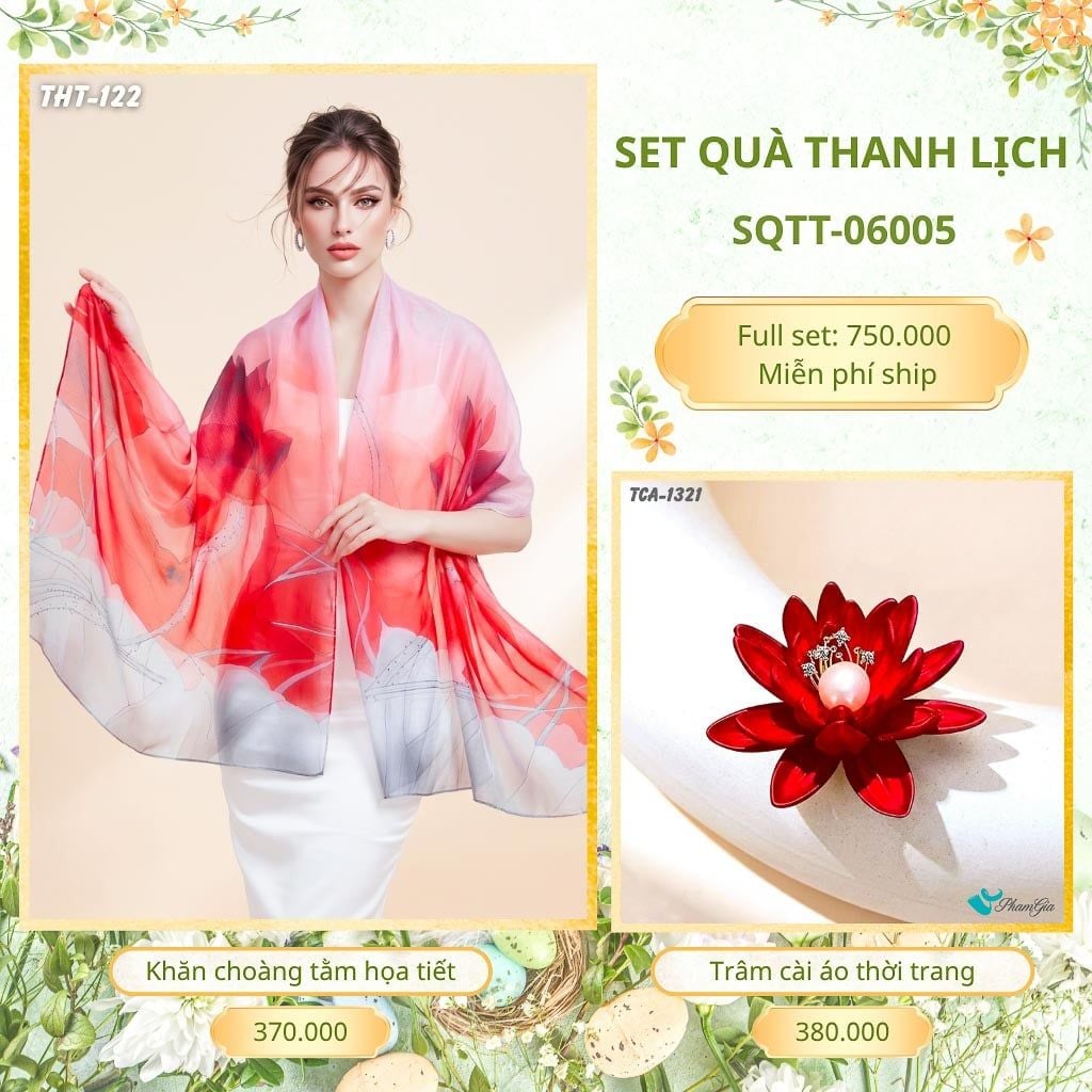 Set Quà Tặng Khăn Choàng Tằm Họa Tiết Và Trâm Cài Áo Thanh Lịch (SQTT06005)