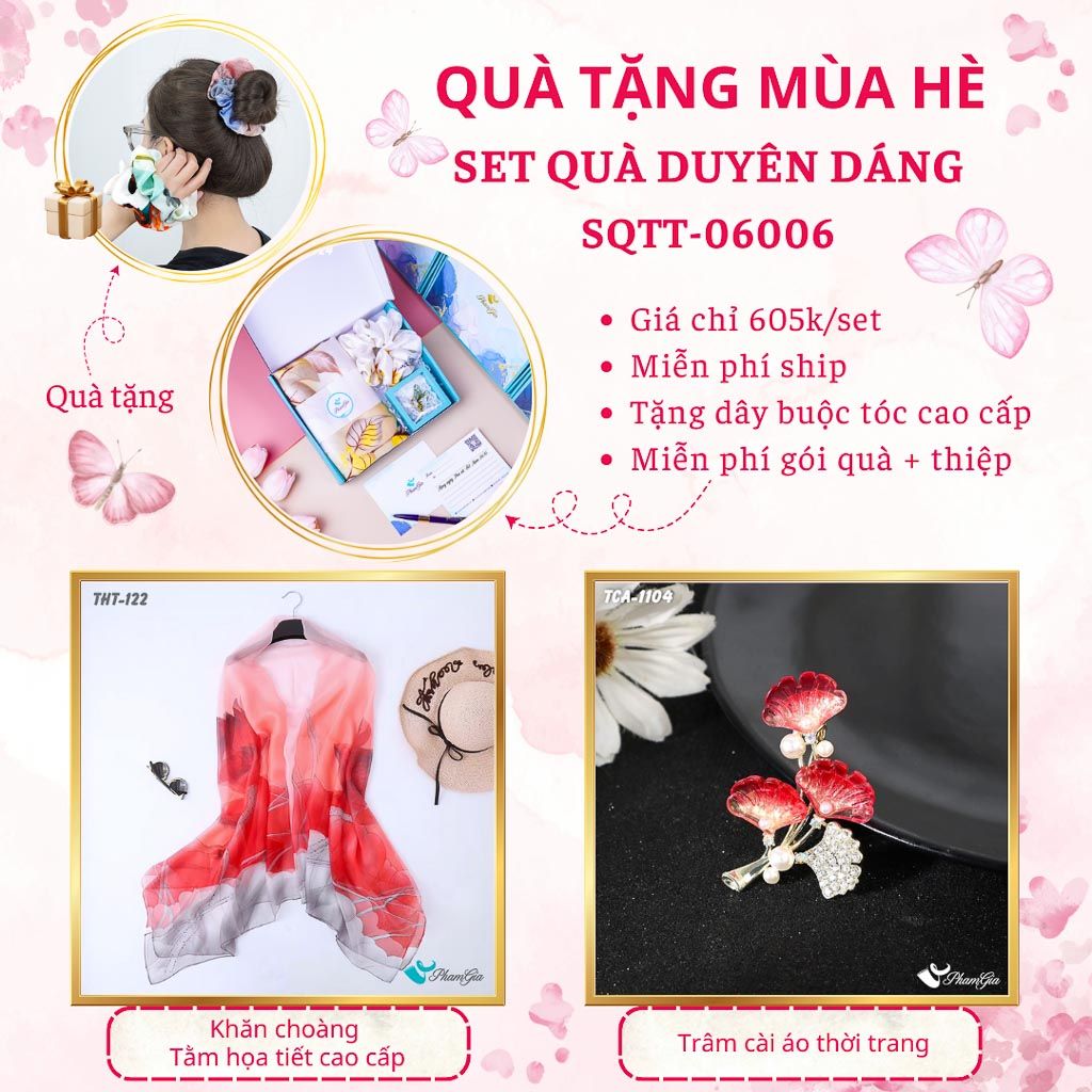 Quà Tặng Mùa Hè - Set Quà Tặng Khăn Choàng Tằm Họa Tiết Và Ghim Cài Áo Duyên Dáng (SQTT06006)