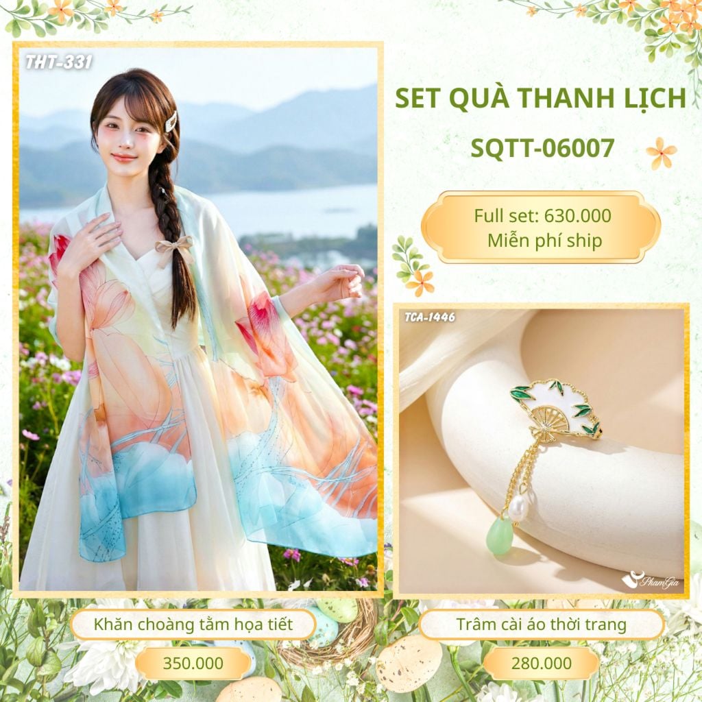 Set Quà Tặng Khăn Choàng Tằm Họa Tiết Và Trâm Cài Áo Thanh Lịch (SQTT06007)