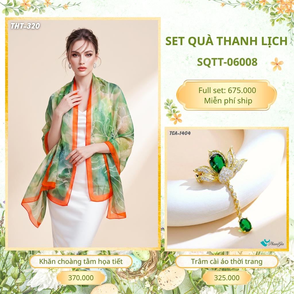 Set Quà Tặng Khăn Choàng Tằm Họa Tiết Và Trâm Cài Áo Thanh Lịch (SQTT06008)