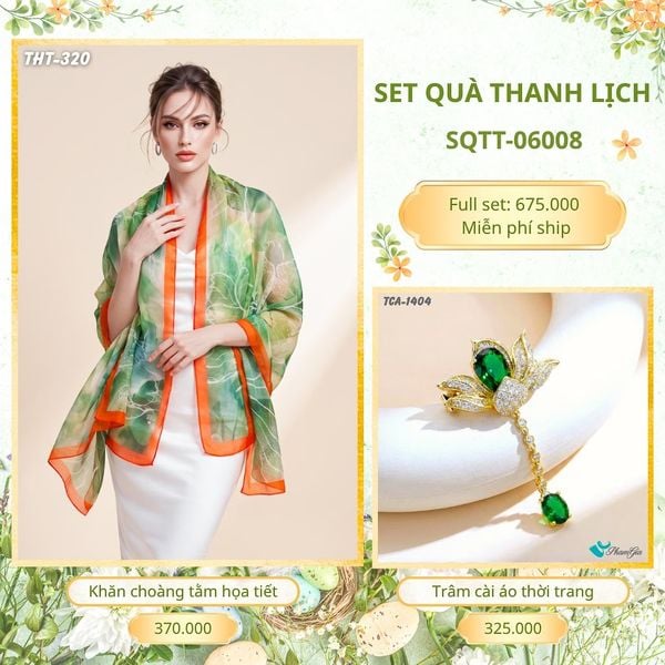 Set Quà Tặng Khăn Choàng Tằm Họa Tiết Và Trâm Cài Áo Thanh Lịch (SQTT06008)