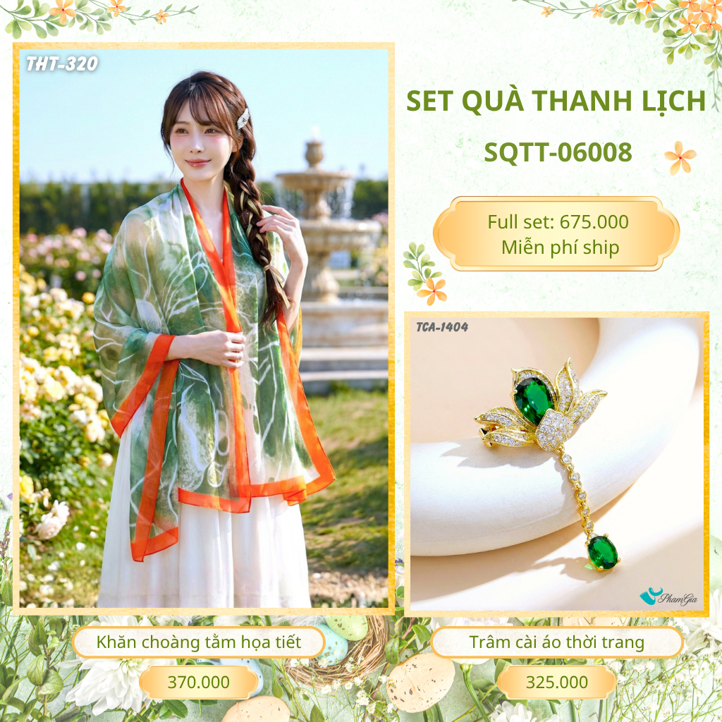 Set Quà Tặng Khăn Choàng Tằm Họa Tiết Và Trâm Cài Áo Thanh Lịch (SQTT06008)
