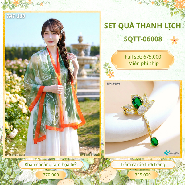Set Quà Tặng Khăn Choàng Tằm Họa Tiết Và Trâm Cài Áo Thanh Lịch (SQTT06008)