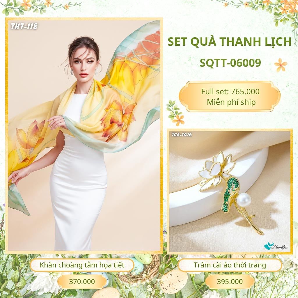Set Quà Tặng Khăn Choàng Tằm Họa Tiết Và Trâm Cài Áo Thanh Lịch (SQTT06009)