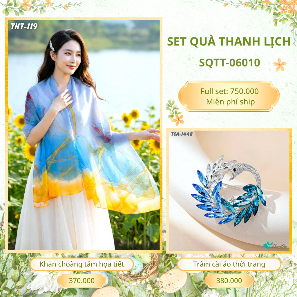 Set Quà Tặng Khăn Choàng Tằm Họa Tiết Và Trâm Cài Áo Thanh Lịch (SQTT06010)