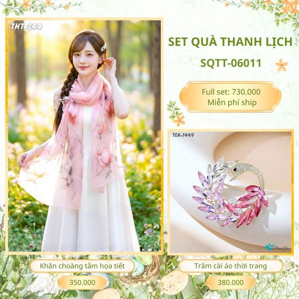Set Quà Tặng Khăn Choàng Tằm Họa Tiết Và Trâm Cài Áo Thanh Lịch (SQTT06011)