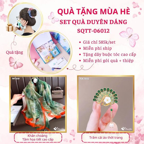 Quà Tặng Mùa Hè - Set Quà Tặng Khăn Choàng Tằm Họa Tiết Và Ghim Cài Áo Duyên Dáng (SQTT06012)