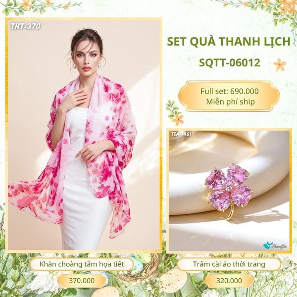 Set Quà Tặng Khăn Choàng Tằm Họa Tiết Và Trâm Cài Áo Thanh Lịch (SQTT06012)